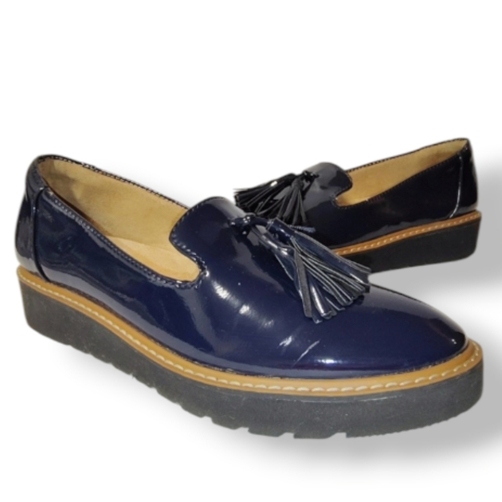 Naturalizer Ellie Women's Slip-On Platform Patent Leather Moc Loafers Navy 6